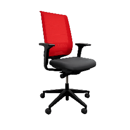 Fauteuil de bureau avec dossier en résille rouge et assise en tissu noir sur piètement en étoile