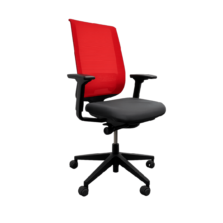 Fauteuil de bureau avec dossier en résille rouge et assise en tissu noir sur piètement en étoile