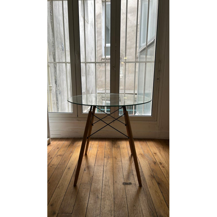 Table ronde 80x80 verre et bois