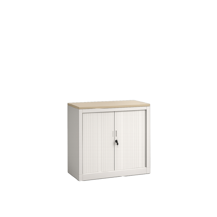 Armoire basse coulissante en métal blanc avec fermeture à clé