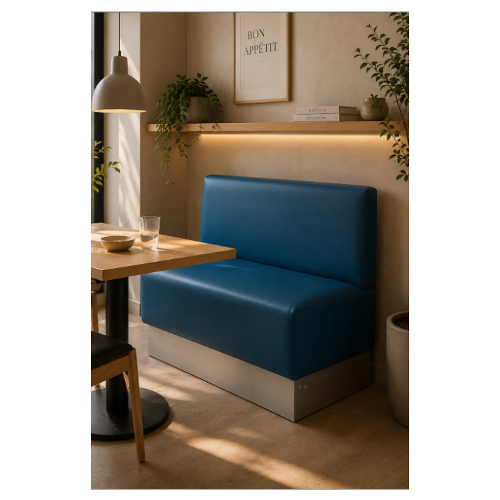 Banc en cuir bleu avec pieds métalliques