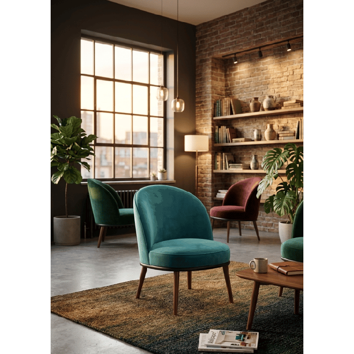 Fauteuil en Velours Bleu Marine avec Pieds en Bois