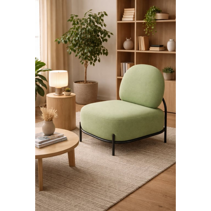 Fauteuil Polly en tissu kaki avec pieds en métal noir