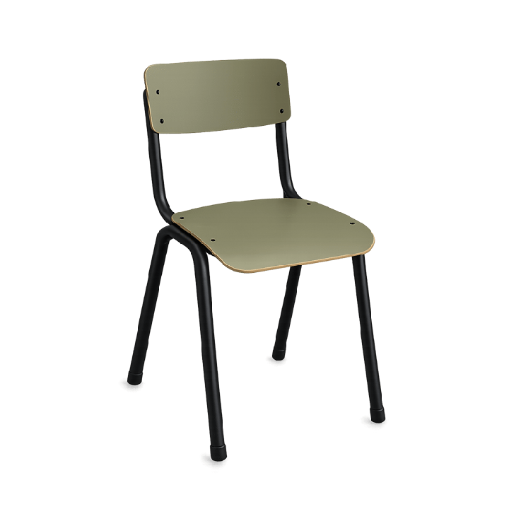 Chaise de cafétéria empilable en bois et métal, structure droite, dossier plein