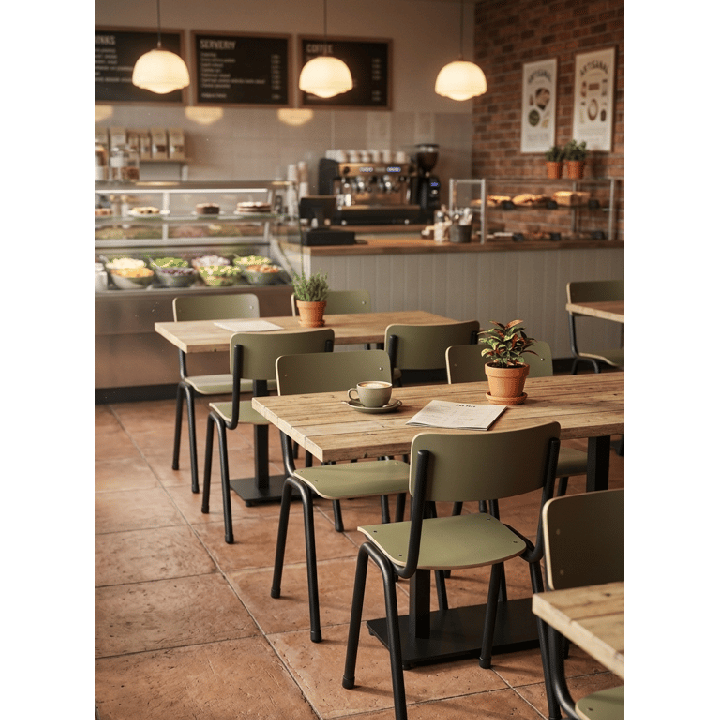 Chaise de cafétéria empilable en bois et métal, structure droite, dossier plein