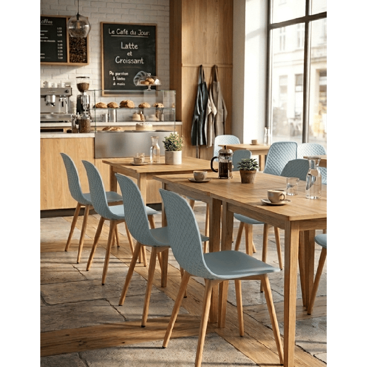 Chaise de cafétéria en bois et plastique bleu