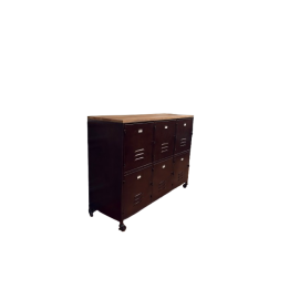 Rangement mobile en métal avec casiers et étagères en bois
