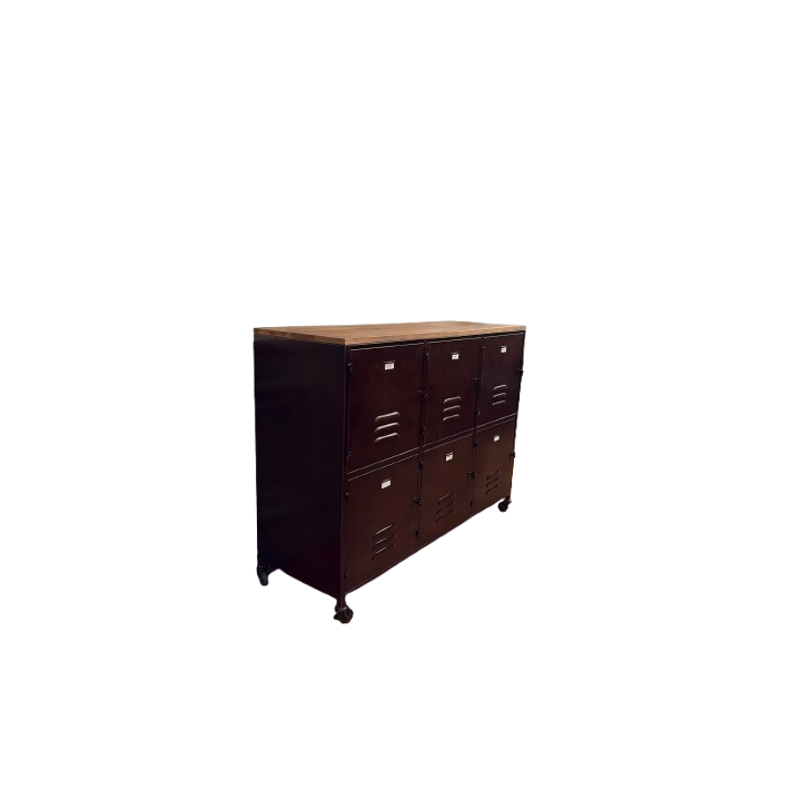 Rangement mobile en métal avec casiers et étagères en bois