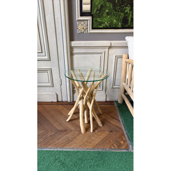 Table basse ronde en verre et bois