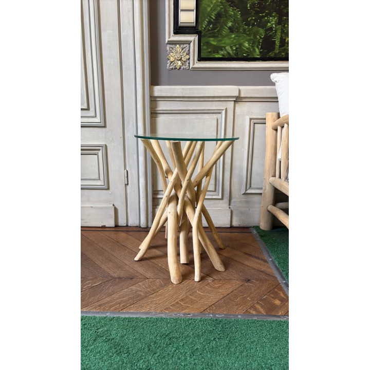 Table basse ronde en verre et bois