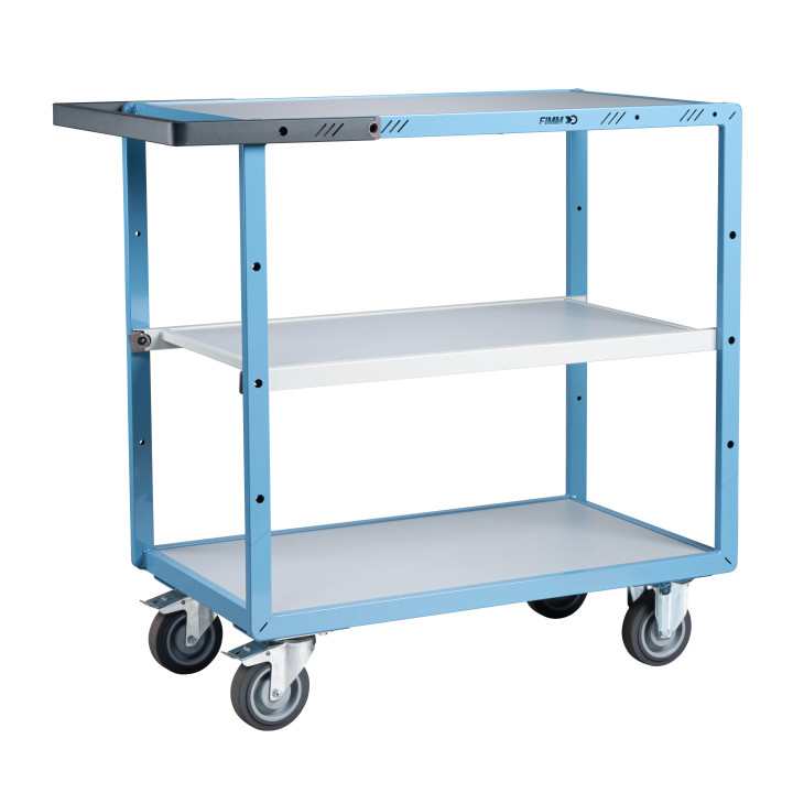 Servante mécano-soudée 3 plateaux mélaminé, 850 x 500 mm, roues TPE, 250 kg