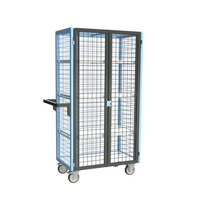 Servante grillagée 4 côtés, verrouillable, avec 3 étagères, plateau bois, 850 x 500 mm, 250 kg