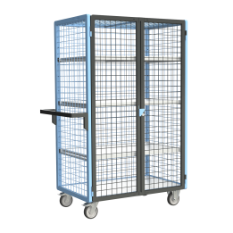 Servante grillagée 4 côtés, verrouillable, avec 3 étagères, plateau bois, 1000 x 600 mm, 250 kg
