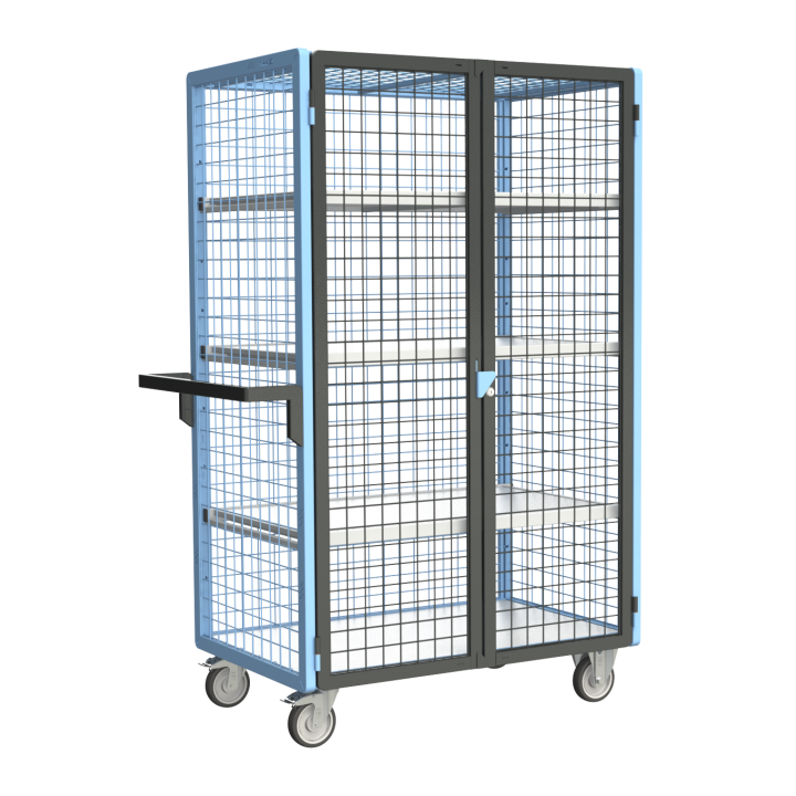 Servante grillagée 4 côtés, verrouillable, avec 3 étagères, plateau bois, 1000 x 600 mm, 250 kg
