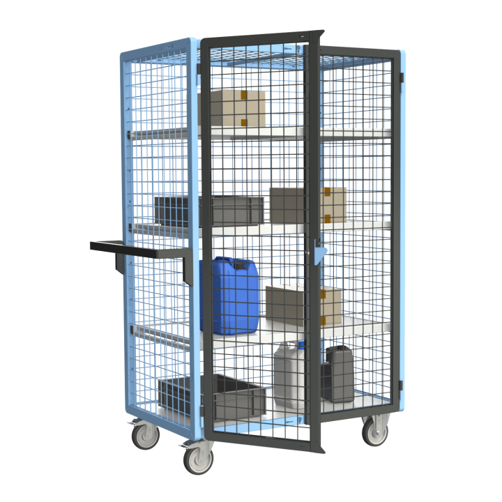 Servante grillagée 4 côtés, verrouillable, avec 3 étagères, plateau bois, 1000 x 600 mm, 250 kg